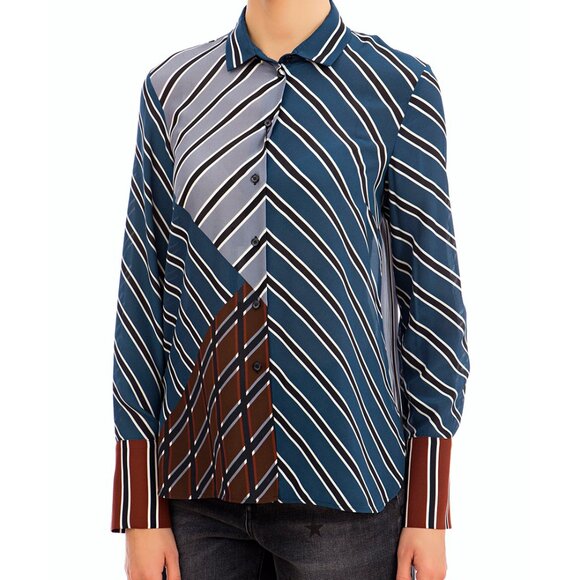 Max Mara Weekend Stripe Colorblock Silk Top Blouse Blue Gray Red Patchwork S - Picture 1 of 16